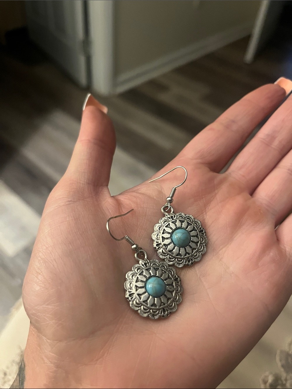 Turquoise Center Silver Filigree Dangle Earrings - Women Jewelry